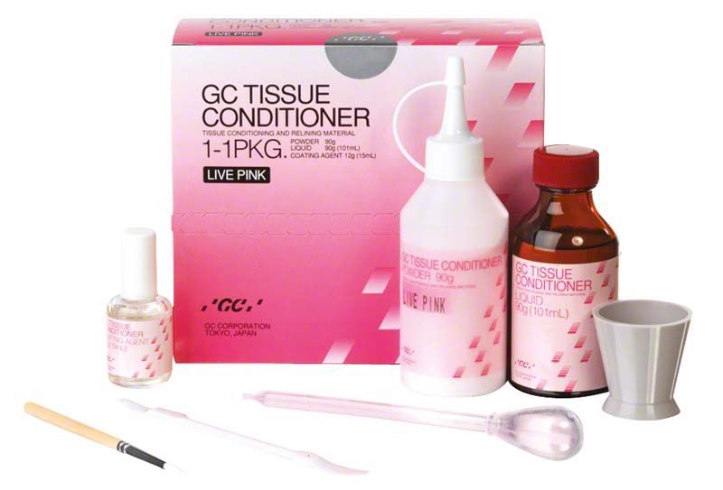 GC Tissue Conditioner Intro Pack in Pink mit Flasche und Zubehör.