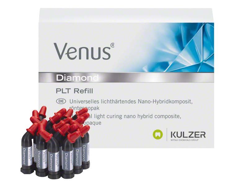 Venus Diamond PLT HKA5 Nano-Hybridkomposit mit Verpackung und Kapseln.