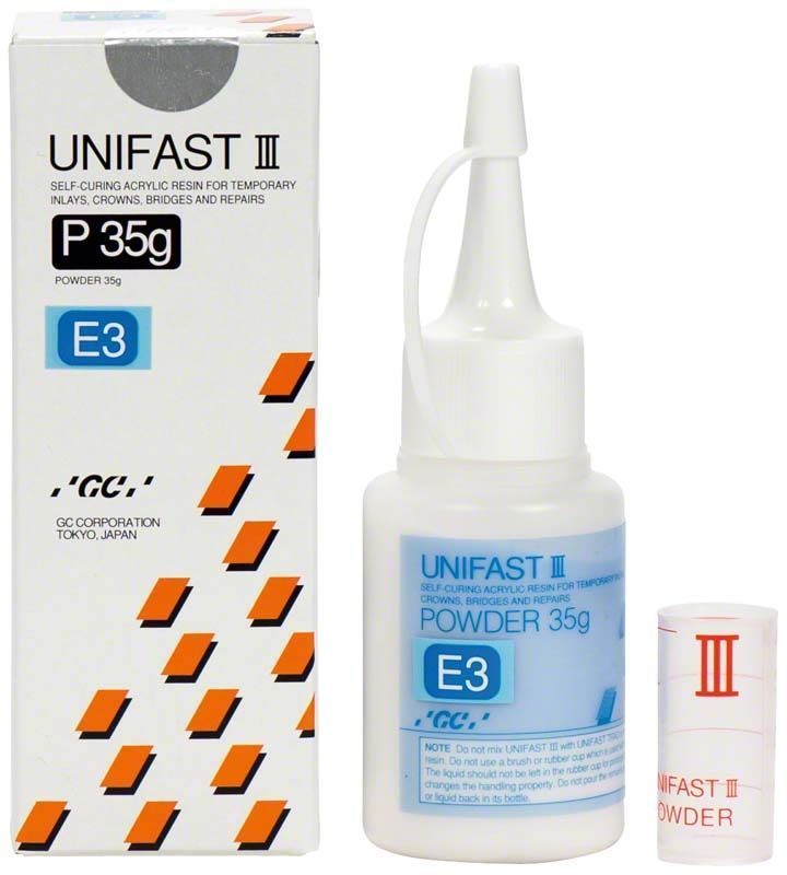 Unifast III Pulver E3 35g Verpackung mit Applikatorflasche und Pulverbehälter.