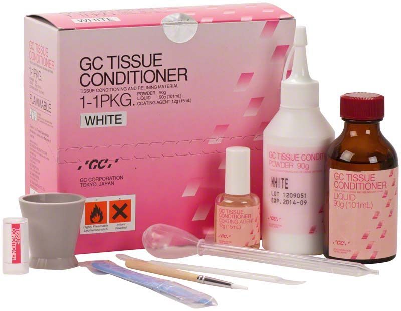 GC Tissue Conditioner Intro Pack in weiß mit Flasche, Pulver und Zubehör.
