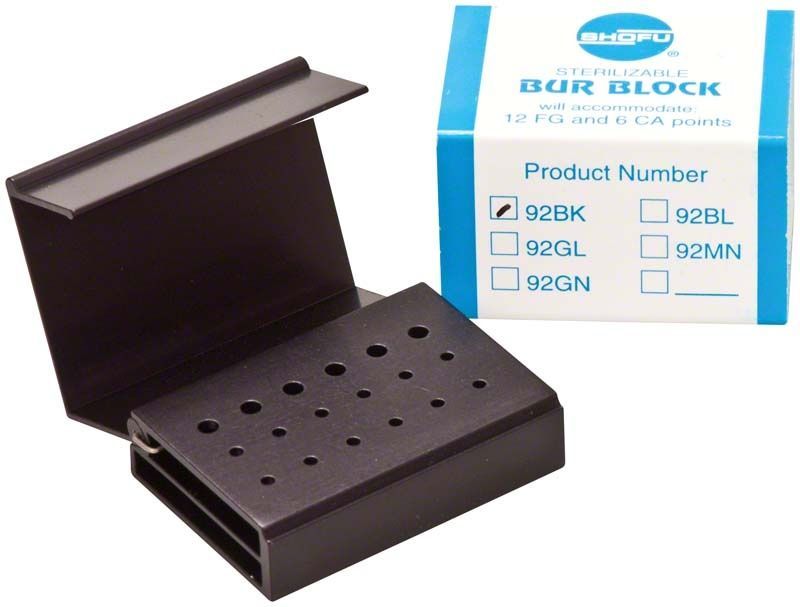 Bohrerständer Bur Block schwarz neben Verpackung mit Produktdetails.