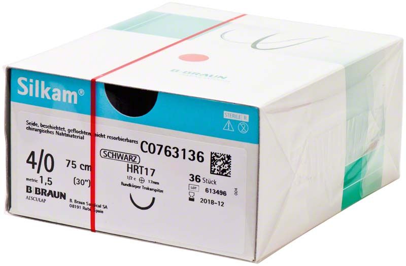 Verpackung von Silkam® 4/0 HRT17 chirurgisches Nahtmaterial, 75 cm, schwarz.