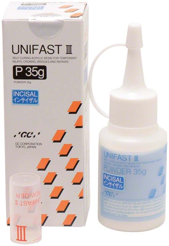 Unifast III Pulver incisal 35g mit Verpackung und Applikatorflasche.
