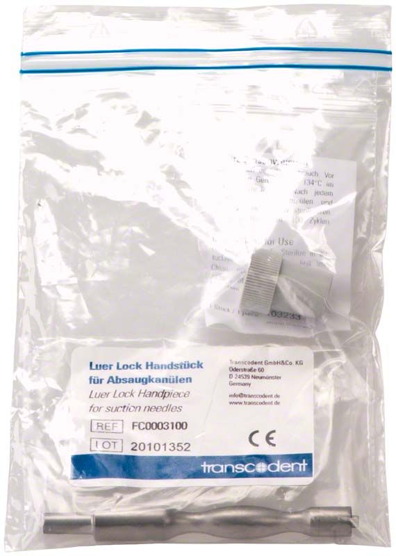 Handstück für Absaugkanülen im transparenten Beutel mit Produktetikett.