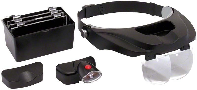 Stereo-Kopfbandlupe LED mit verschiedenen Stereolupen und integrierter Beleuchtung.