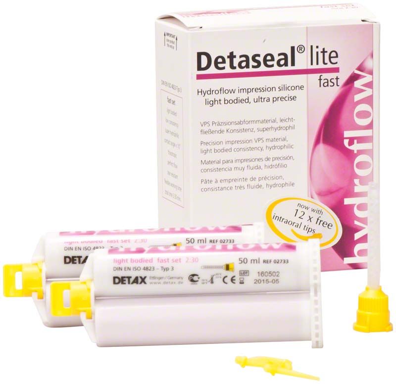 Detaseal hydroflow lite Kartuschen 2 x 50ml mit Verpackung und Zubehör.