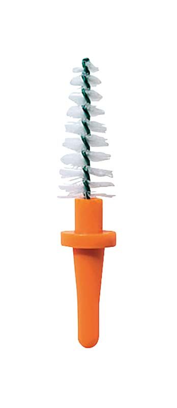 Orange konische Interdentalbürste mit weißem Borstenkopf.