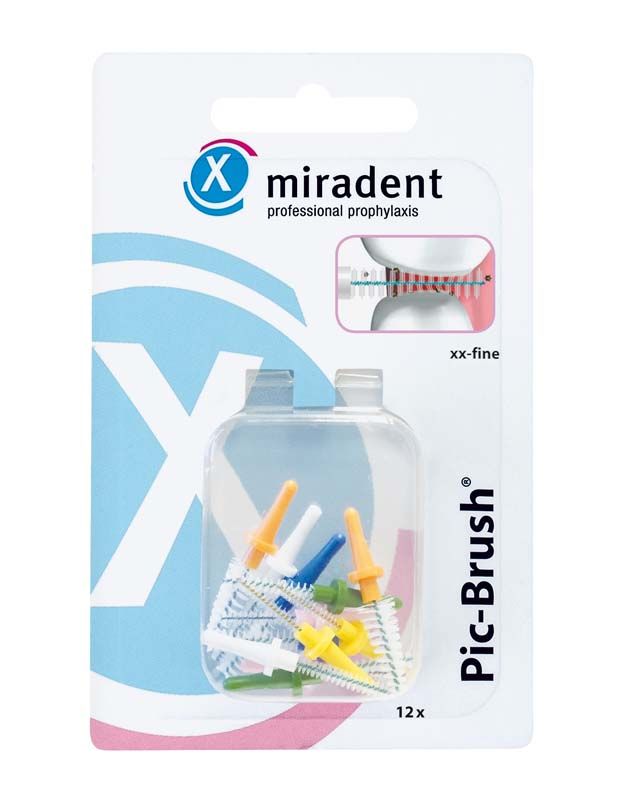 Pic-Brush® Ersatzbürsten-Set mit zwölf farbigen Bürsten in einer Verpackung.