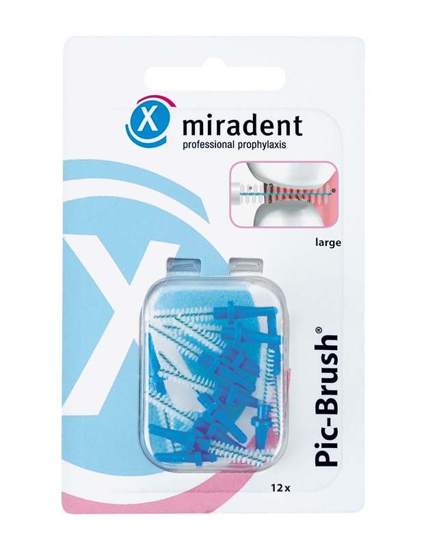 Pic-Brush® Ersatzbürsten 12er-Packung in blau, Detail der Verpackungsvorderseite.