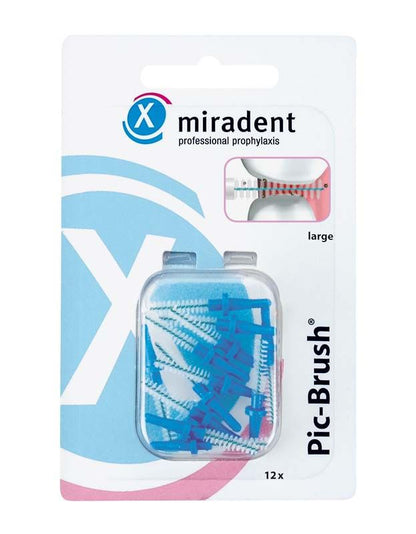 Pic-Brush® Ersatzbürsten 12er-Packung in blau, Detail der Verpackungsvorderseite.