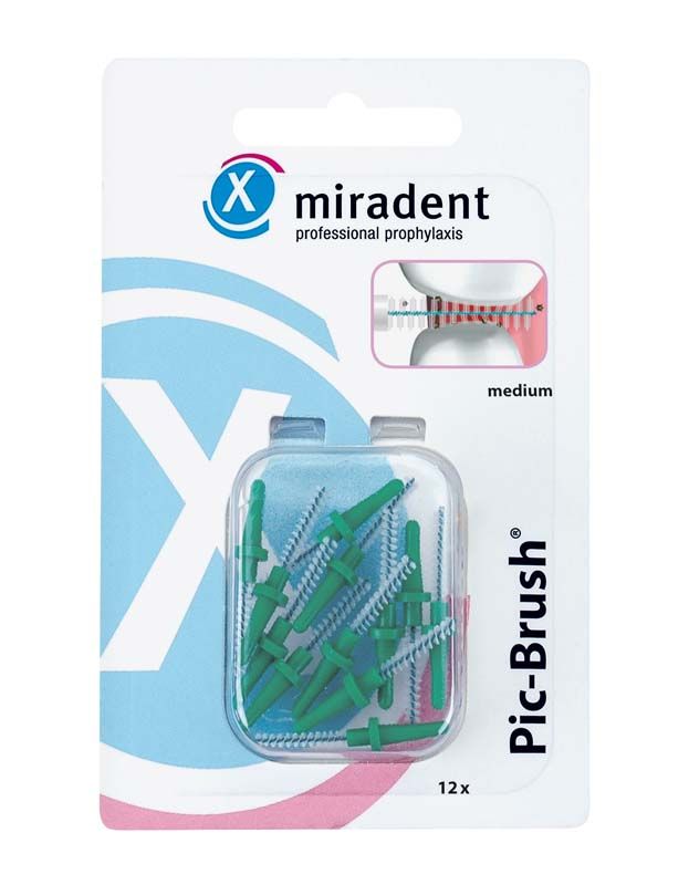 Pic-Brush® Ersatzbürsten 12er Packung, grün, mittel, auf Verpackung.