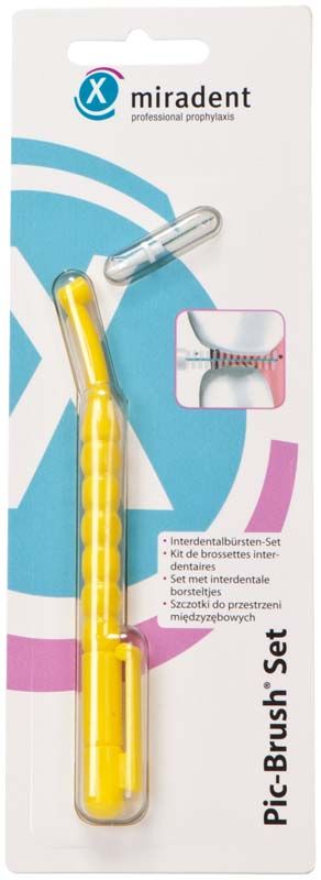 Interdentalbürstenhalter Pic-Brush® Set gelb in Verpackung mit Produktabbildung.