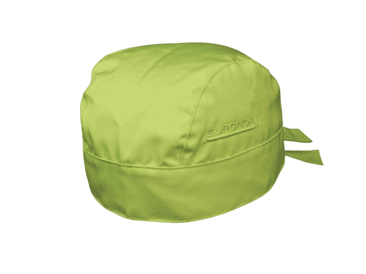 Monoart Bandana Kopfhaube in leuchtendem Hellgrün mit seitlichem Logo.