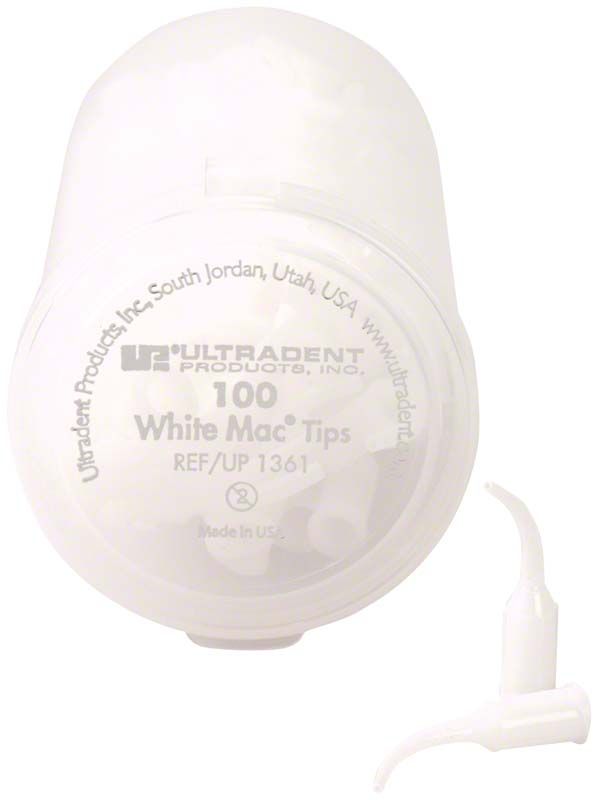 Ultradent White Mac Tip 2,0 gebogen in Verpackung mit Applikatorspitze.