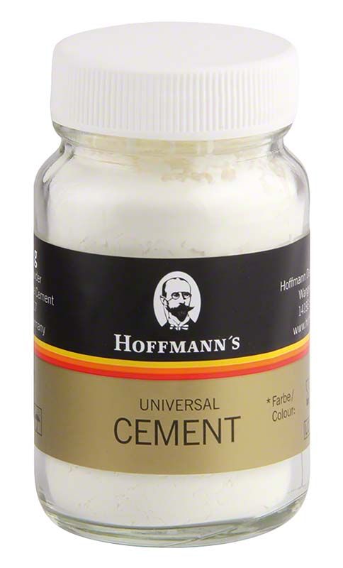 Hoffmann's Universal Cement FB05 im Glasbehälter mit weißem Deckel.
