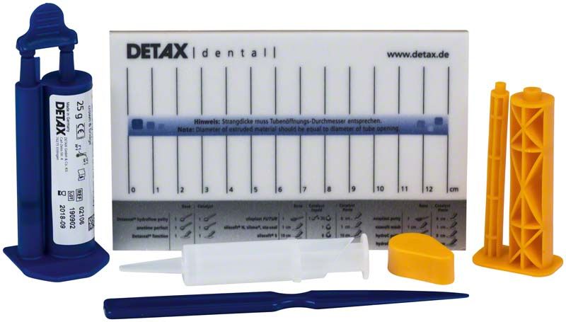 tempofit® duomix A2, 25g Kartusche mit Zubehör und Maßtabelle im Hintergrund