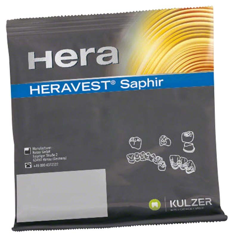 Heravest® Saphir Einbettmasse-Verpackung mit dentalen Symbolen und Herstellerinformationen.