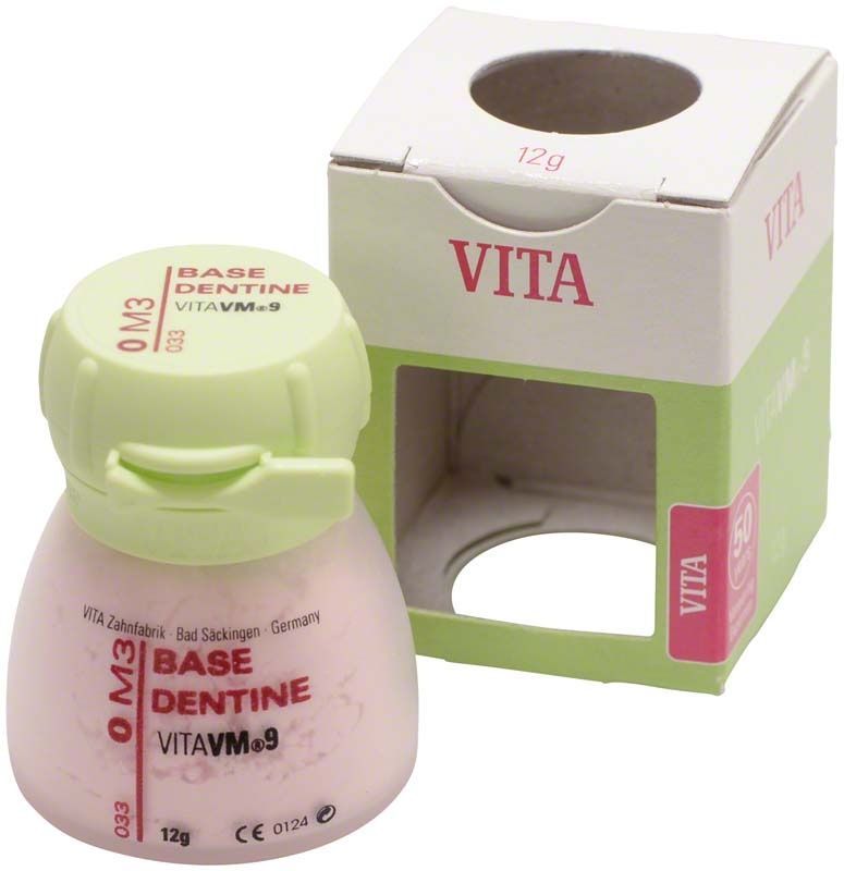 VM9 3D Base Dentin 12g 0M3 im Kunststoffbehälter neben der Verpackung.