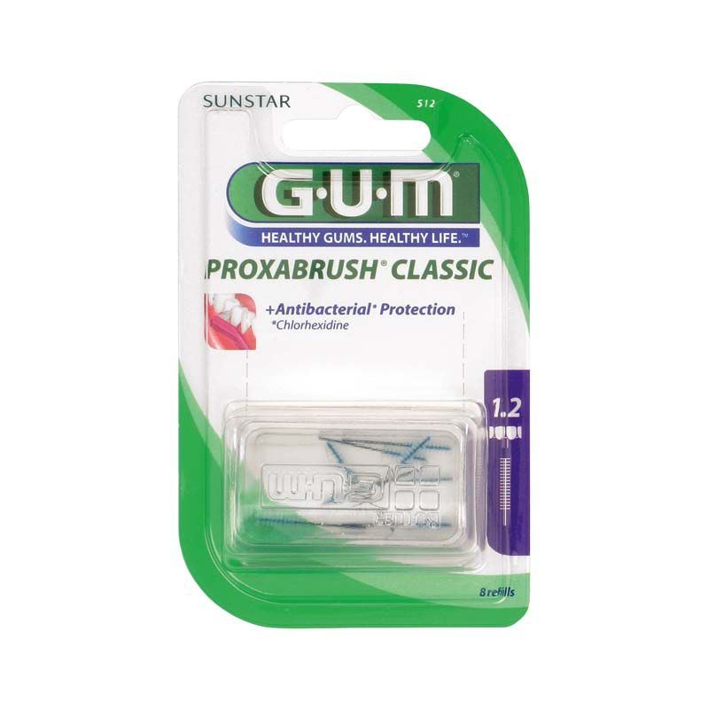 Verpackung der GUM® PROXABRUSH® CLASSIC Ersatzbürsten mit antibakteriellem Schutz.