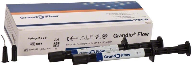Grandio® Flow Spritzen A4 und Verpackung mit dentalen Anwendungshinweisen.