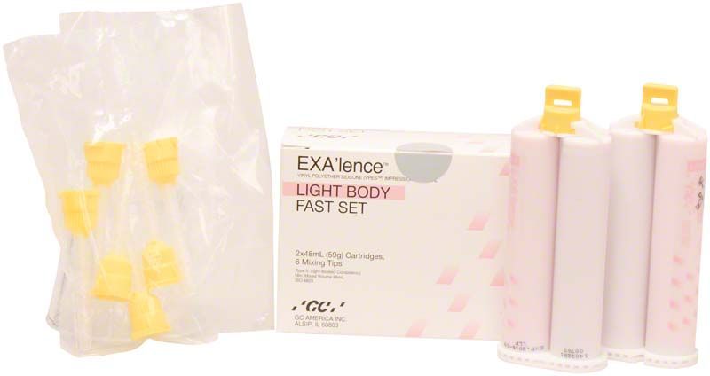 Exalence Light Body Fast Kartuschen mit Mischspitzen und Verpackung.