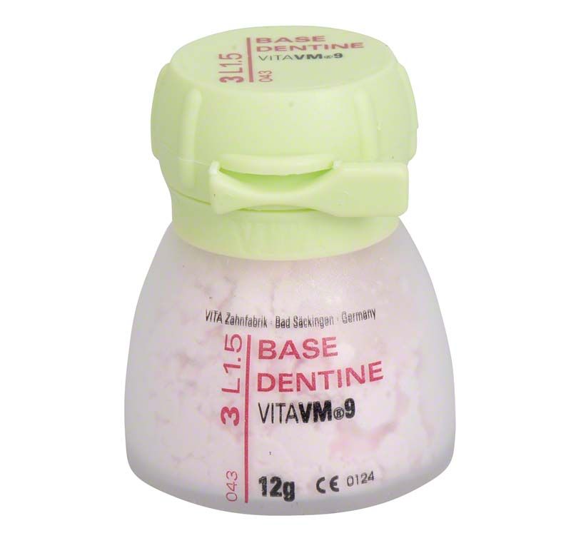 Flasche mit VM9 3D Base Dentin 12g, Aufschrift "3L1.5", grüner Deckel.