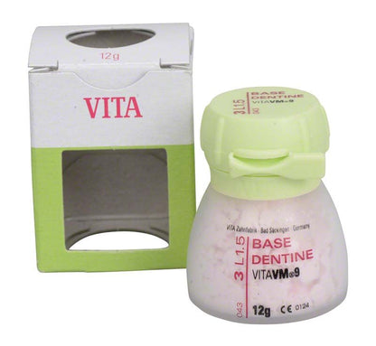 VM9 3D Base Dentin 12g mit grüner Kappe und geöffneter Verpackung.