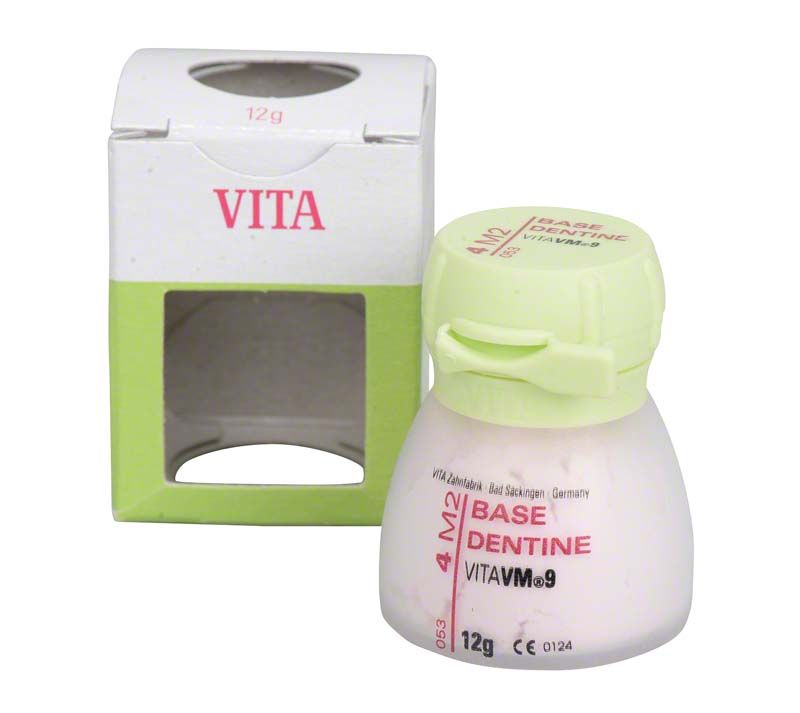 12g Flasche VITA VM9 Base Dentin 4M2 vor Verpackung mit grünem Deckel.