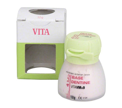 12g Flasche VITA VM9 Base Dentin 4M2 vor Verpackung mit grünem Deckel.