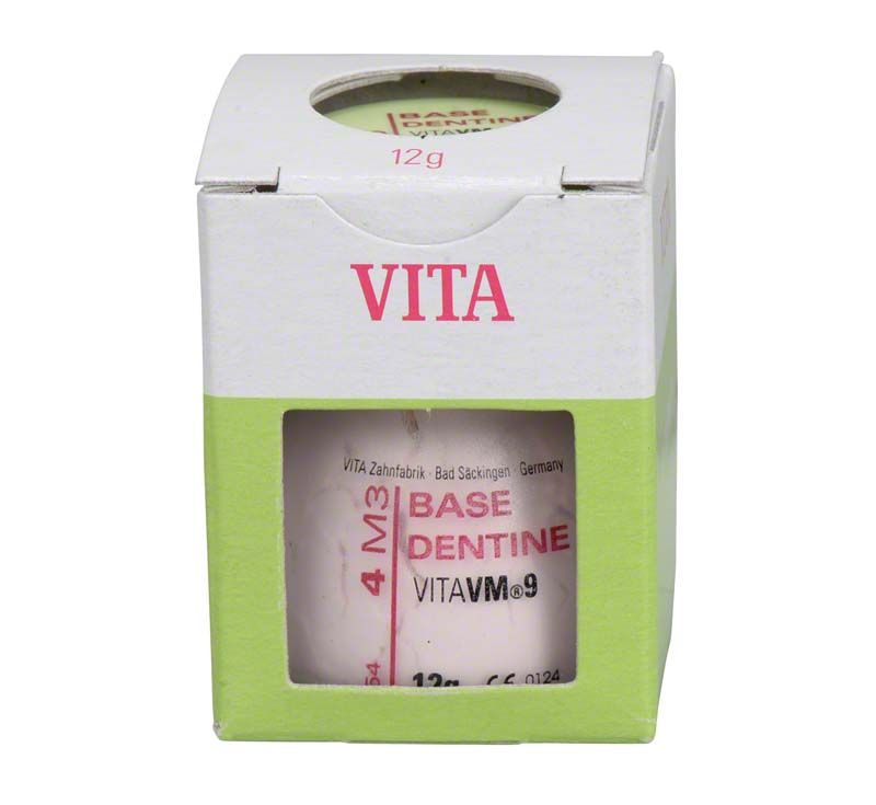 Kartonverpackung der VITA VM9 Base Dentin 12g 4M3, Vorderansicht.