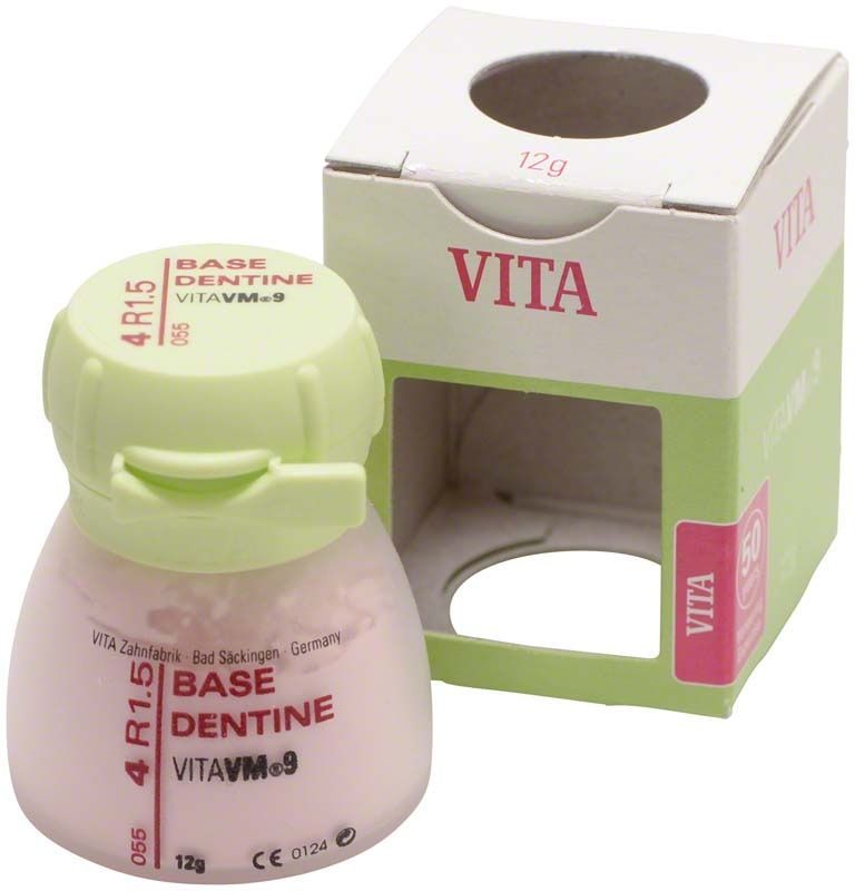 VITA VM9 Base Dentin 4R1.5 Keramikdose neben Verpackung.
