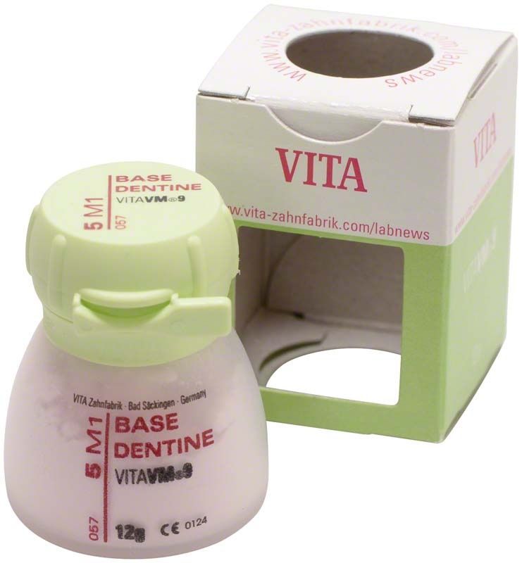 Behälter mit VM9 3D Base Dentin 12g 5M1 Zahnpulver und Verpackung.