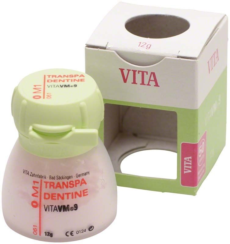 Transpa Dentin VM9 3D, 12g, Farbton 0M1, vor Verpackung.
