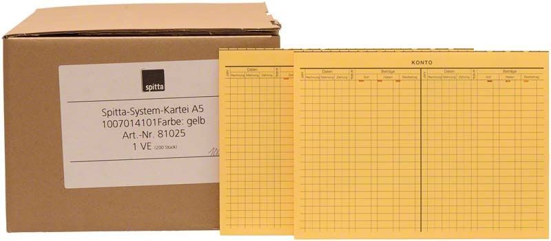 Spitta-Systemkarteikarten A5 in Gelb mit Aufdruck und Kartonverpackung.