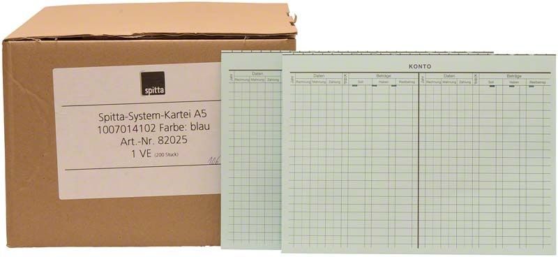 Systemkartei A5 in Blau mit Zahnarztformularen und Verpackung.