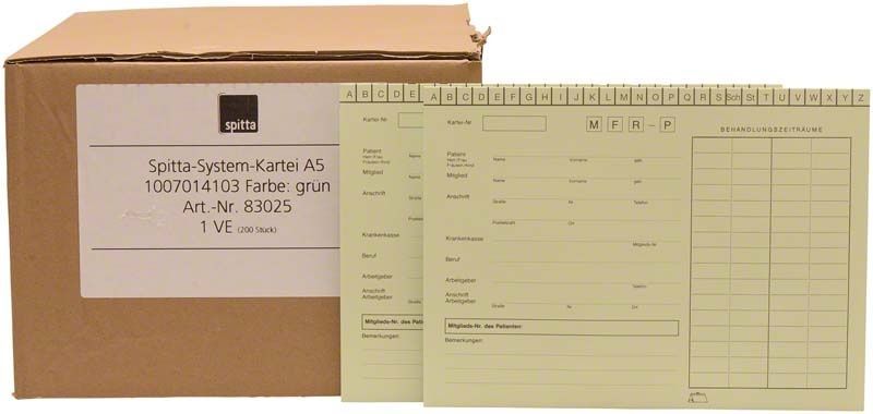 Systemkartei A5 in Grün mit alphabetischer Registerkarte und Verpackung.