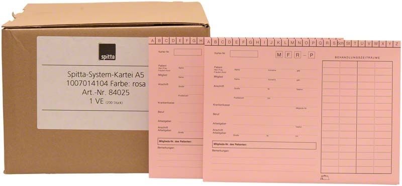 Systemkartei A5 rosa mit Verpackung und Patientenformularen.