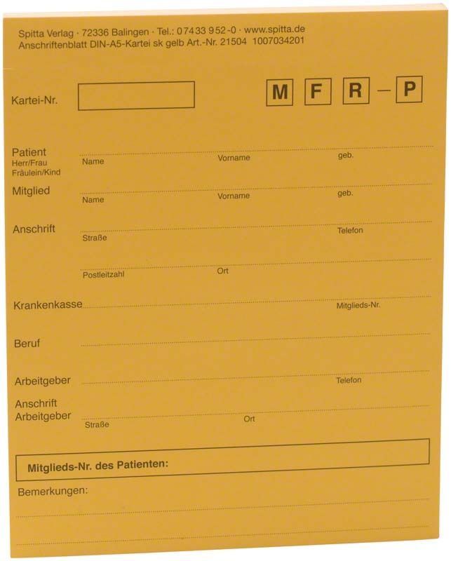 Anschriftenblatt A5 gelb für Patientenverwaltung in Zahnarztpraxis.