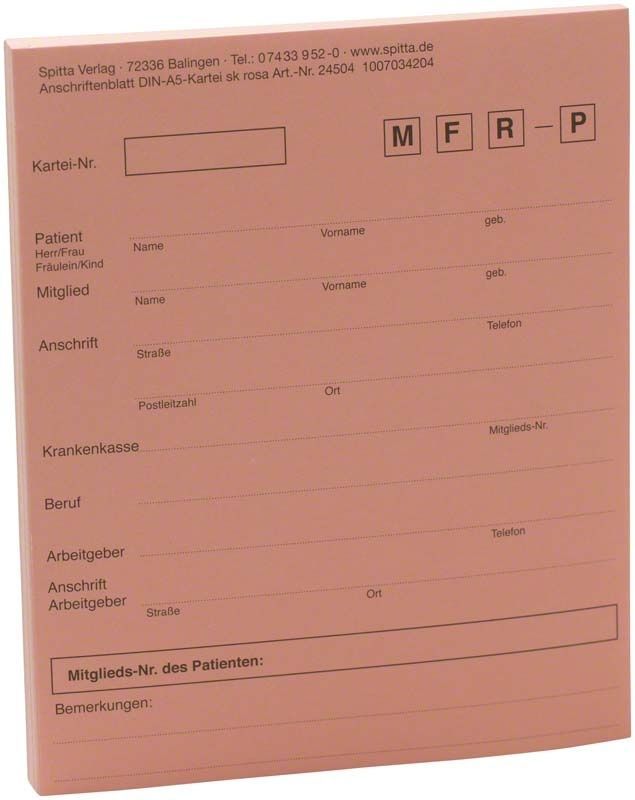 Anschriftenblatt A5 rosa mit Formularfeldern zur Patientenorganisation.