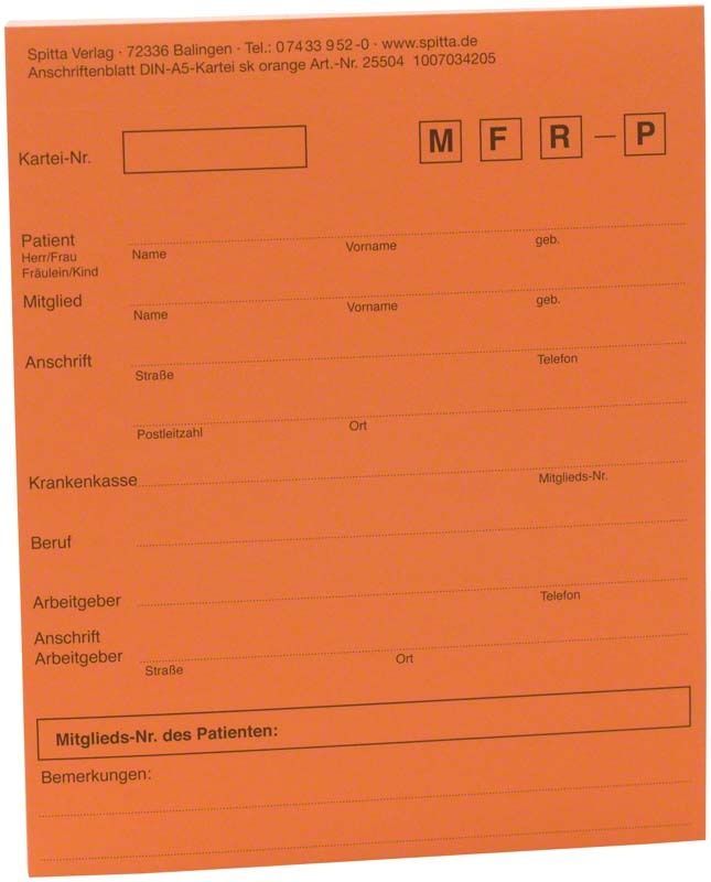 Anschriftenblatt A5 orange mit vorgedruckten Feldern für Patientendaten.