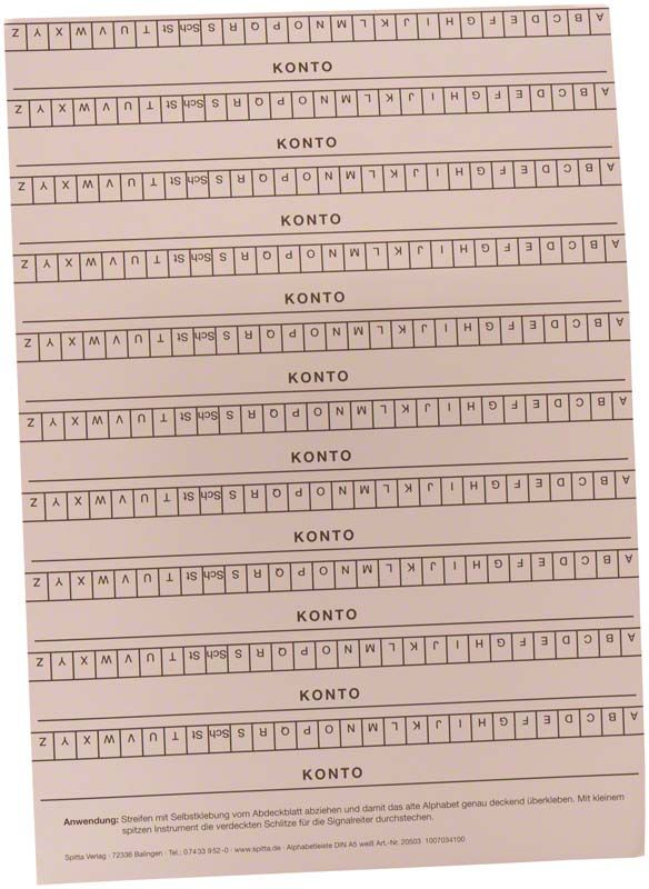 Selbstklebende Alphabetleiste DIN A5-Karteikarte in Weiß mit Buchstabenreihen.