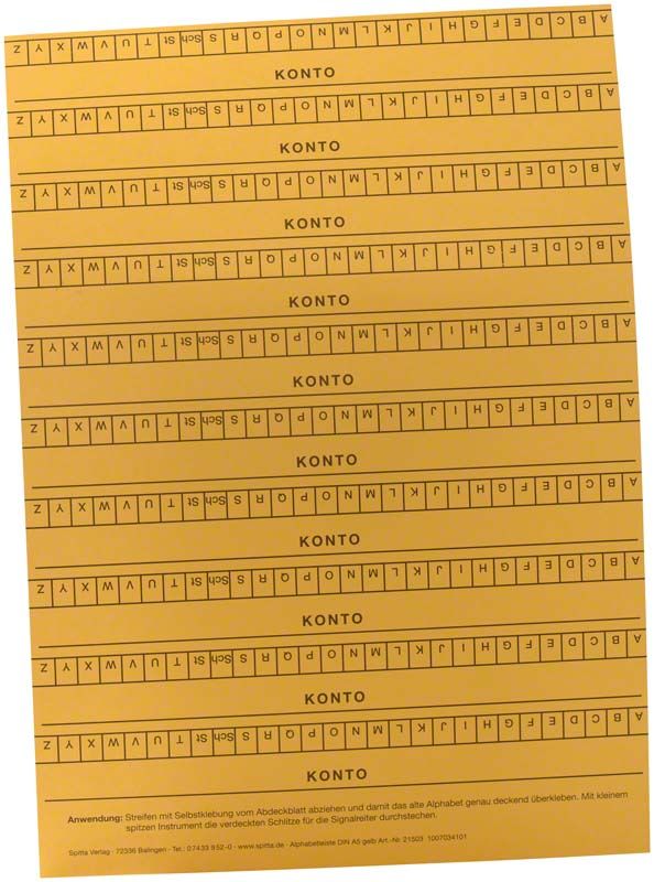 Selbstklebende Alphabetleiste auf gelber DIN A5-Karteikarte.