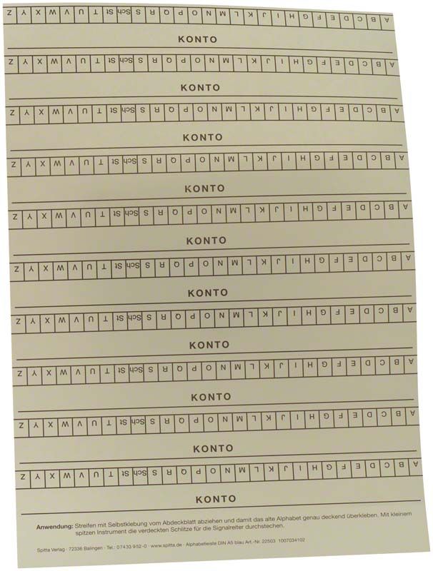 Selbstklebende Alphabetleiste auf DIN A5-Karteikarte in Blau.