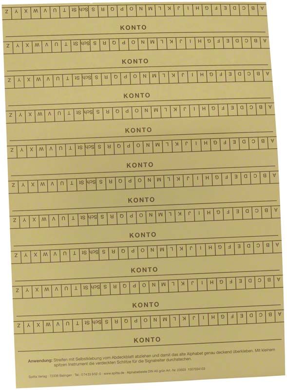 Selbstklebende Alphabetleiste DIN A5 in Grün mit vorgedruckten Buchstaben.