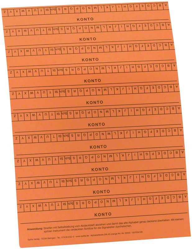 Selbstklebende Alphabetleiste DIN A5 in Orange mit Buchstaben und Zahlen.
