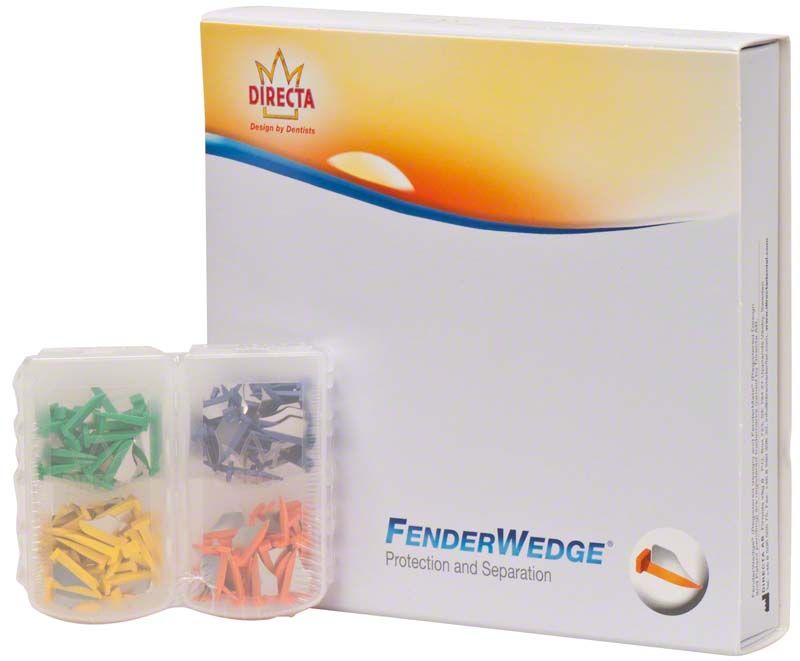 FENDER WEDGE® Sortiment mit Interdentalkeilen in bunter Verpackung.