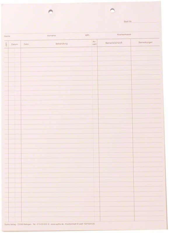 Krankenblatt B DIN A5 weiß mit vorgedruckten Formularfeldern und Lochung.