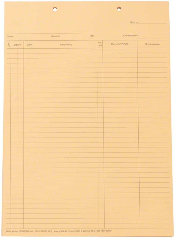 Krankenblatt B DIN A5 gelb mit vorgedruckten Feldern für Patientendaten.