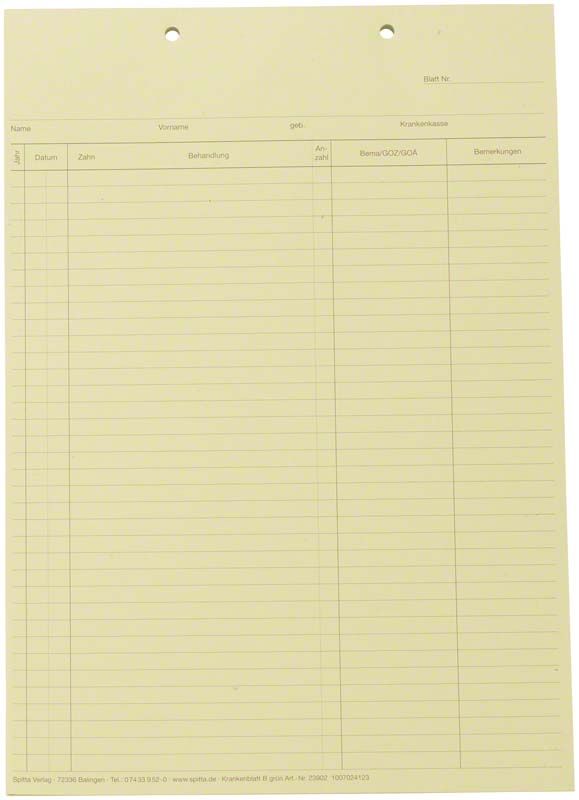 Krankenblatt B DIN A5 in orange mit Linien und Formularfeldern.