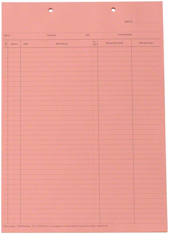 Krankenblatt B DIN A5 in rosa mit Formularfeldern für Patientendaten.